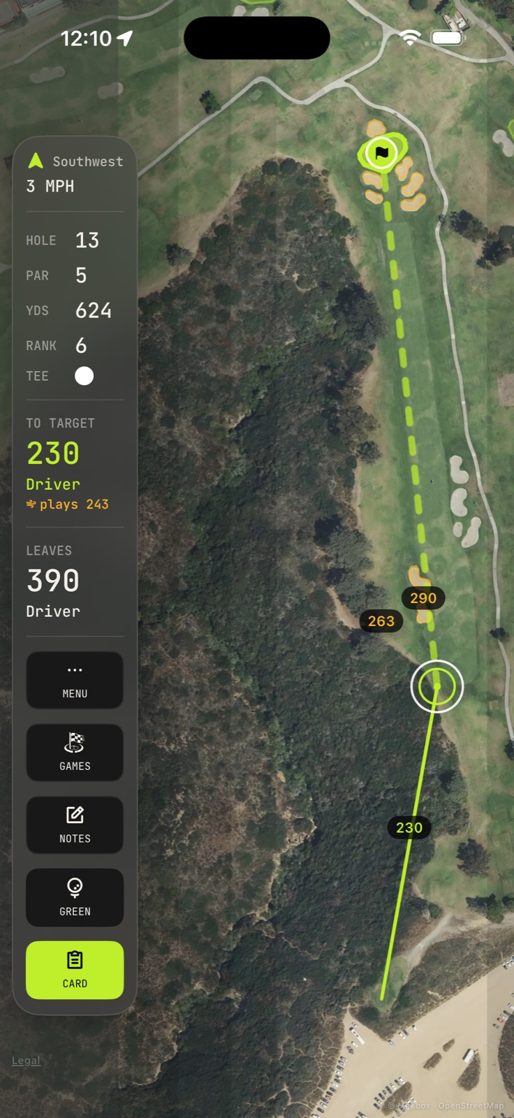Budholes course view — GPS carry distances and green read