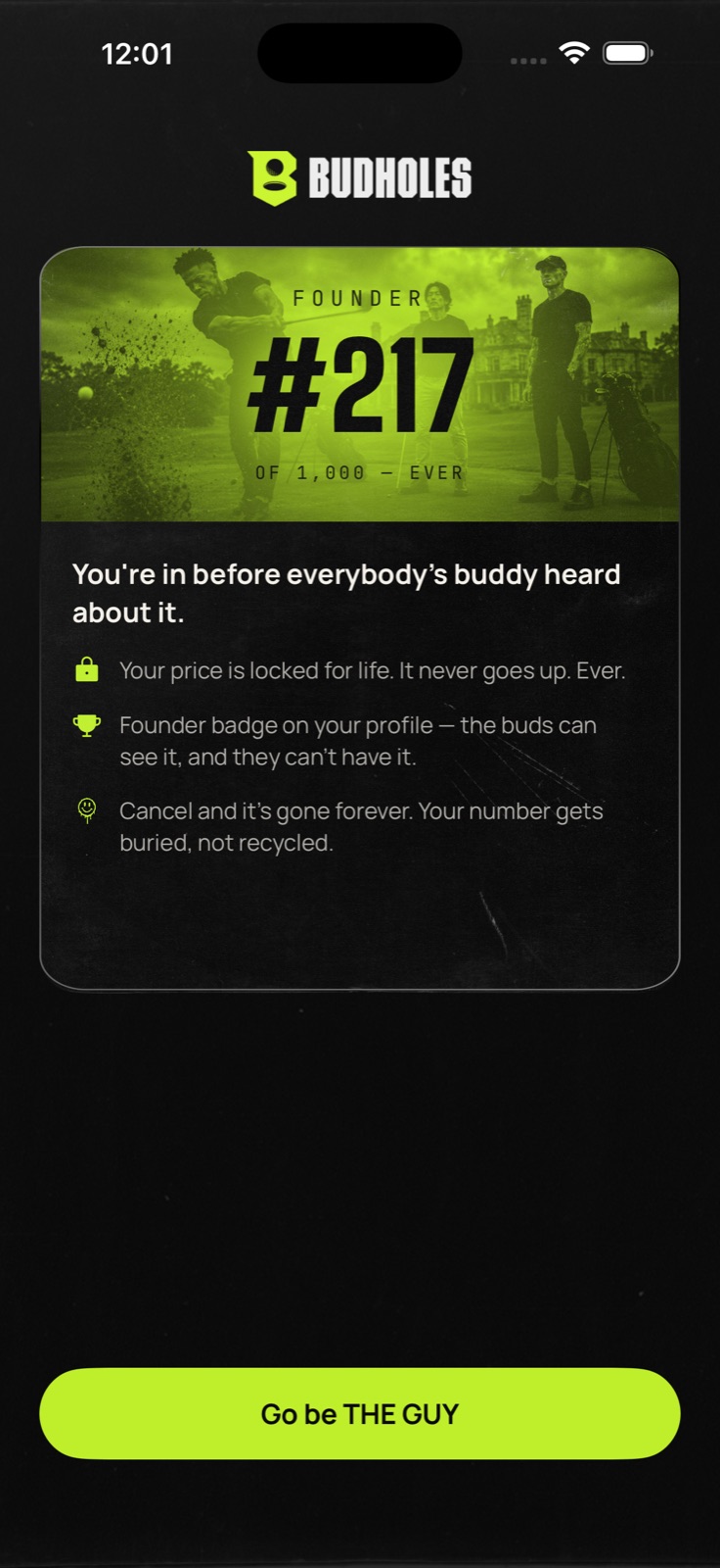 Budholes founder card — number 217 of 1,000
